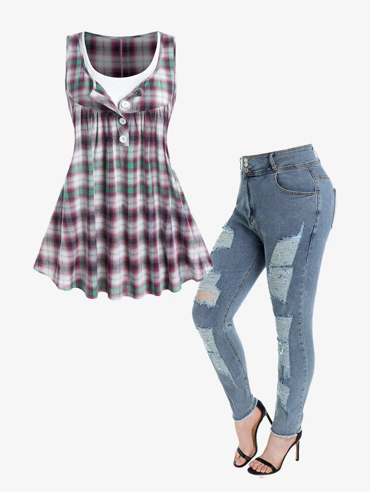 Half Button Plaid 2 in 1 Tee and Ripped Mom Jeans Plus Size Outfit