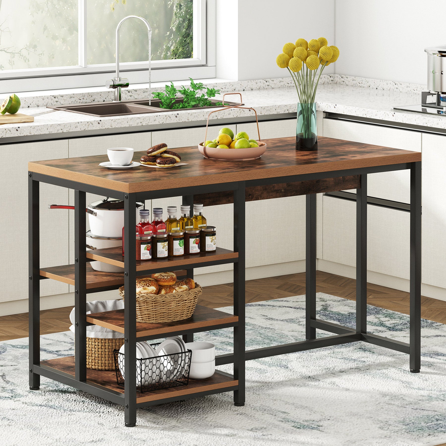 Industrial Kitchen Island, Kitchen Counter Table with Storage Shelves