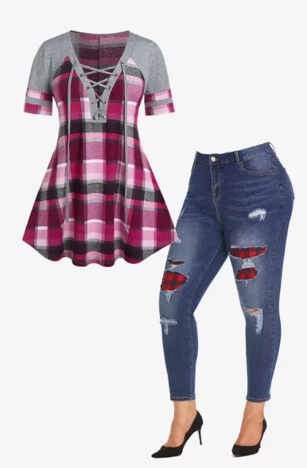 Plaid Lace Up T-shirt and Ripped Mom Jeans Plus Size Outfit