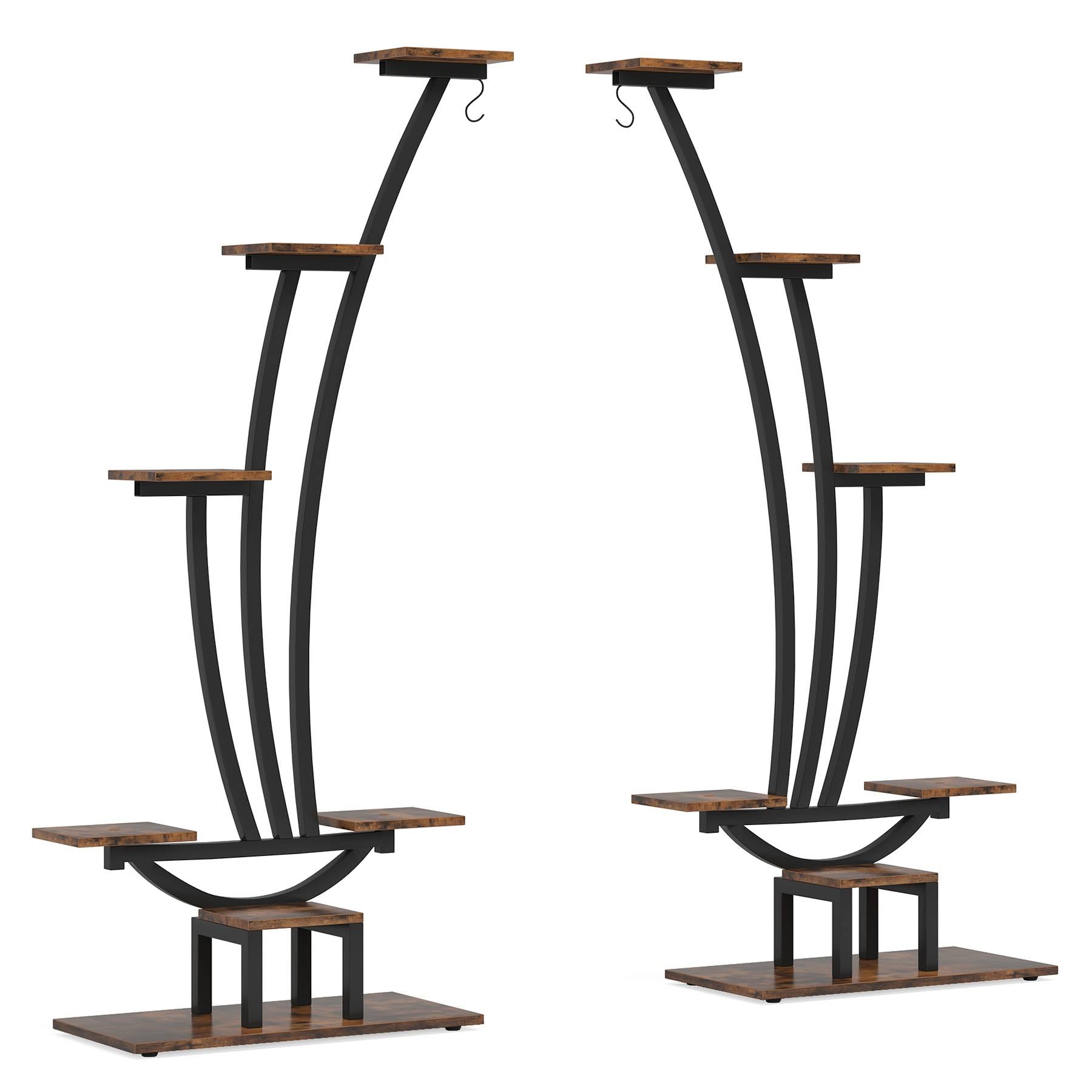 6-Tier Plant Stand Pack of 2, Metal Curved Display Shelf with 2 Hanging Hooks