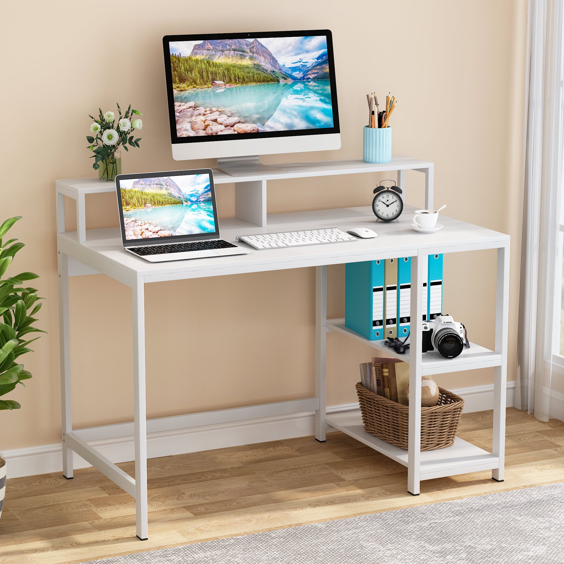 Industrial Computer Desk, Writing Desk with Shelves for Study