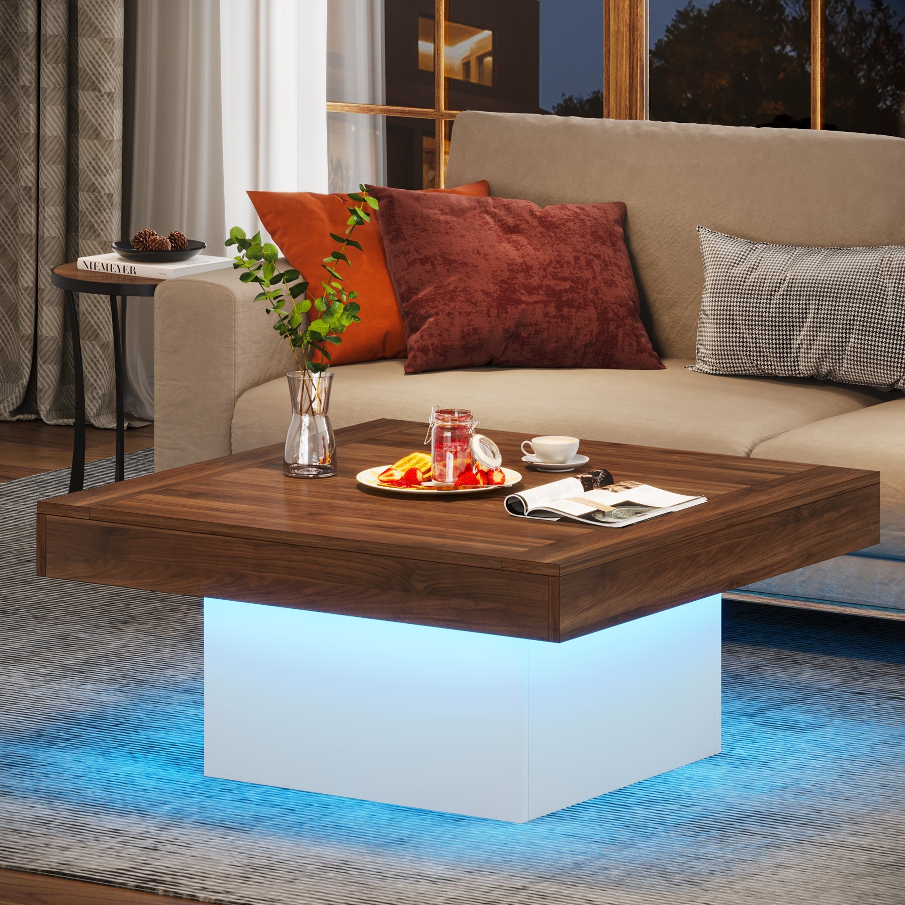 Square Coffee Table, Farmhouse Wood Cocktail Table with LED Light