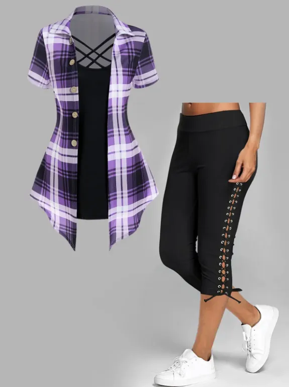 Plaid Print Asymmetric Crisscross Mock Button Short Sleeve T Shirt And Lace Up Cropped Leggings Outfit
