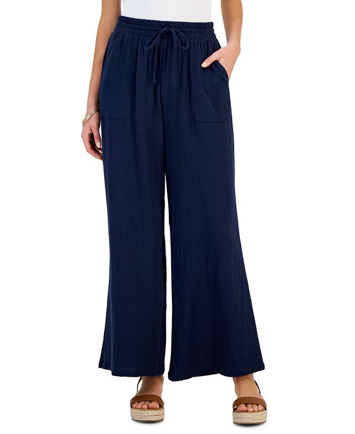 Women's Pull-On Crinkled Wide-Leg Pants， Created for Macy's