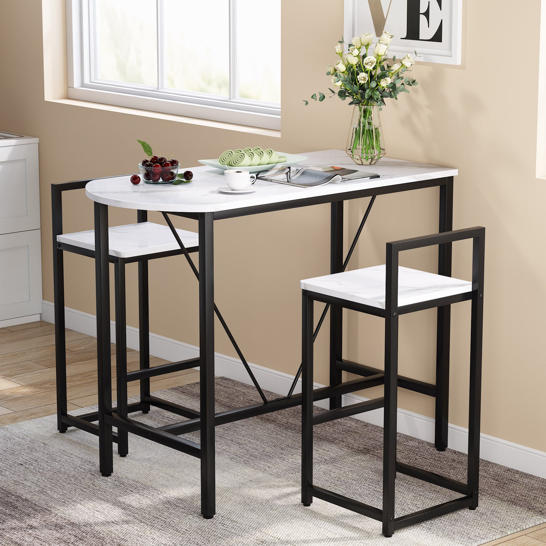 3-Piece Bar Table Set, Kitchen Pub Dining Table and 2 Stools