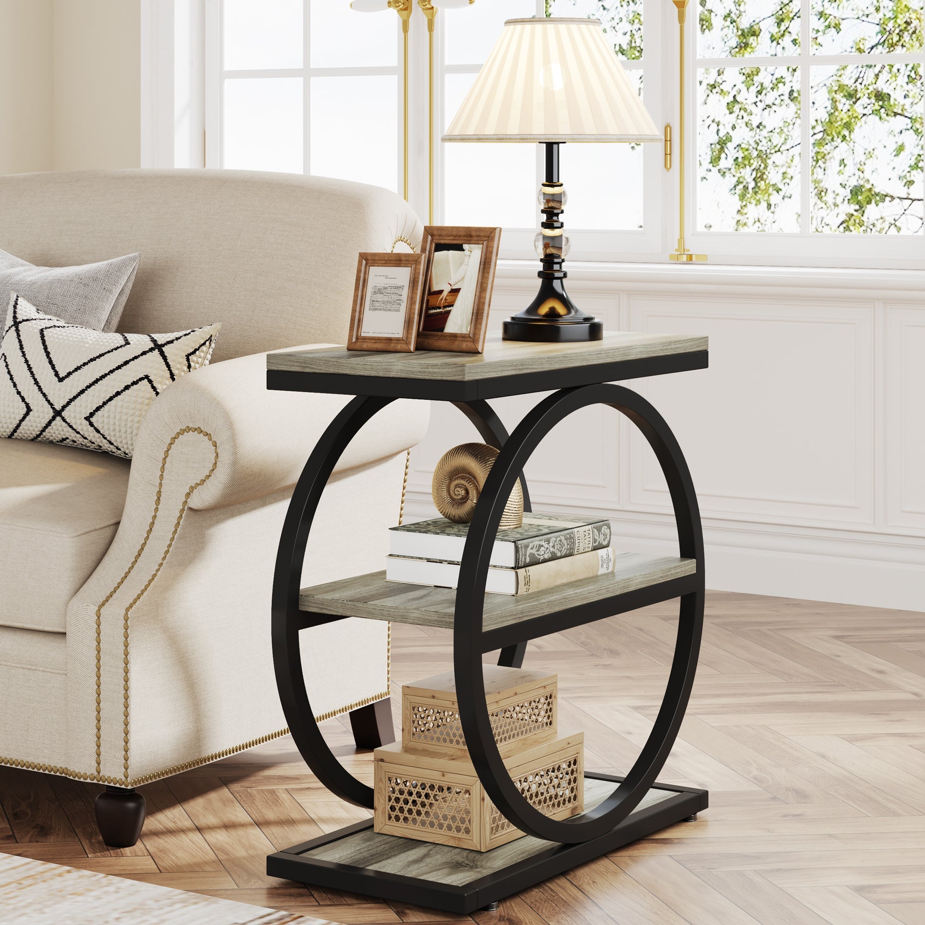 3-Tier End Table, Industrial Sofa Side Table with Round Metal Frame