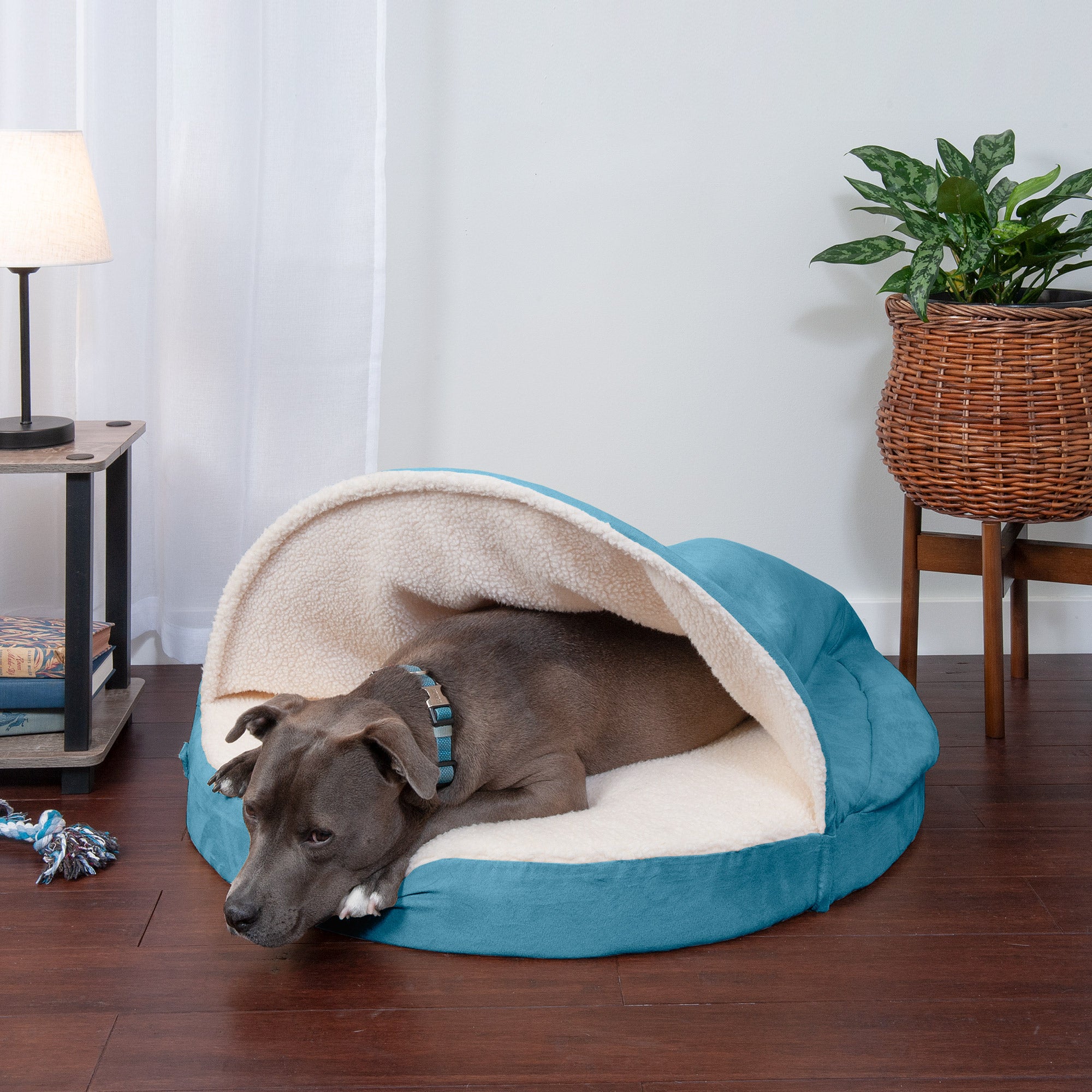 FurHaven | Cooling Gel Faux Sheepskin Snuggery Pet Bed for Dogs and Cats， Blue， 35-Inch