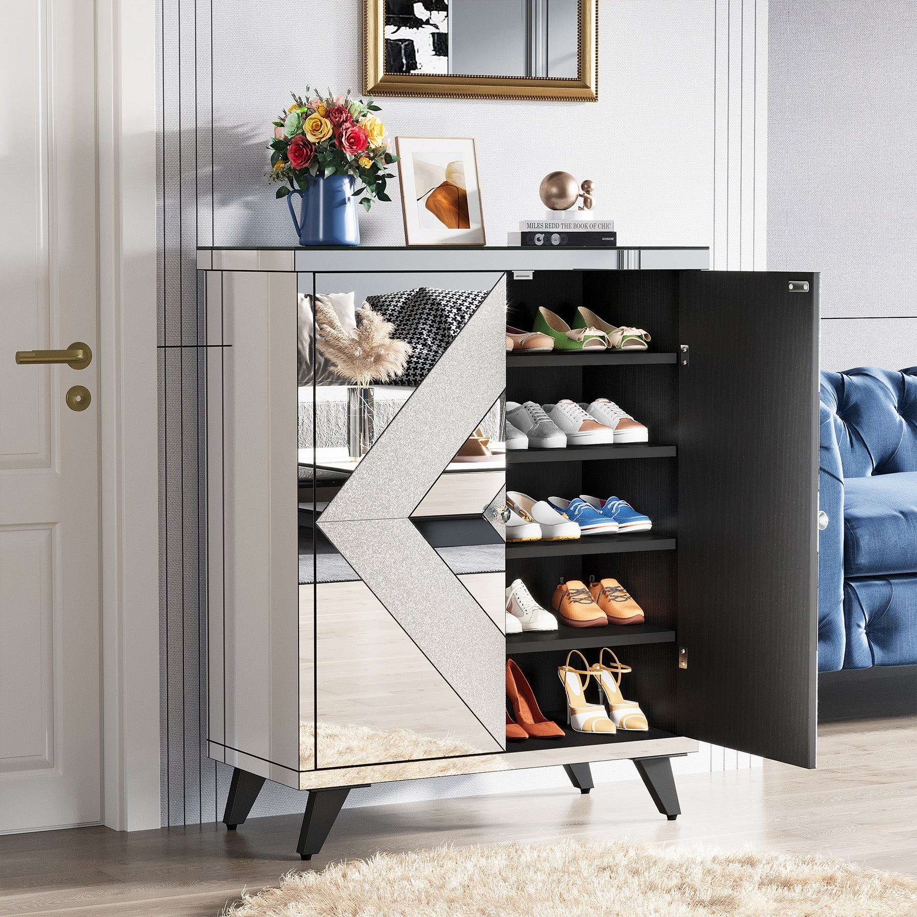 Modern Shoe Cabinet Entryway Shoe Organizer with Mirrored Doors