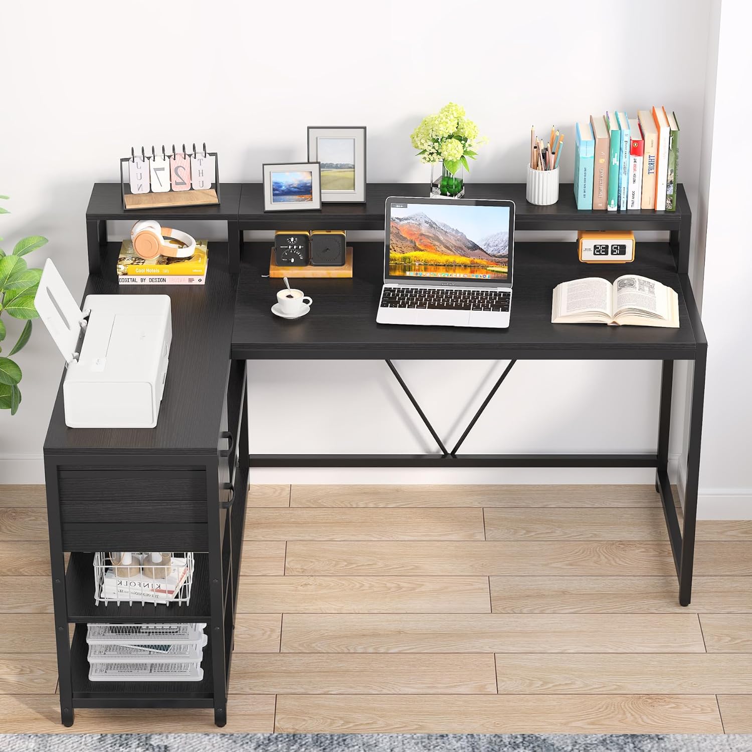 Reversible L-Shaped Desk, Industrial Corner Desk with Drawer & Shelves