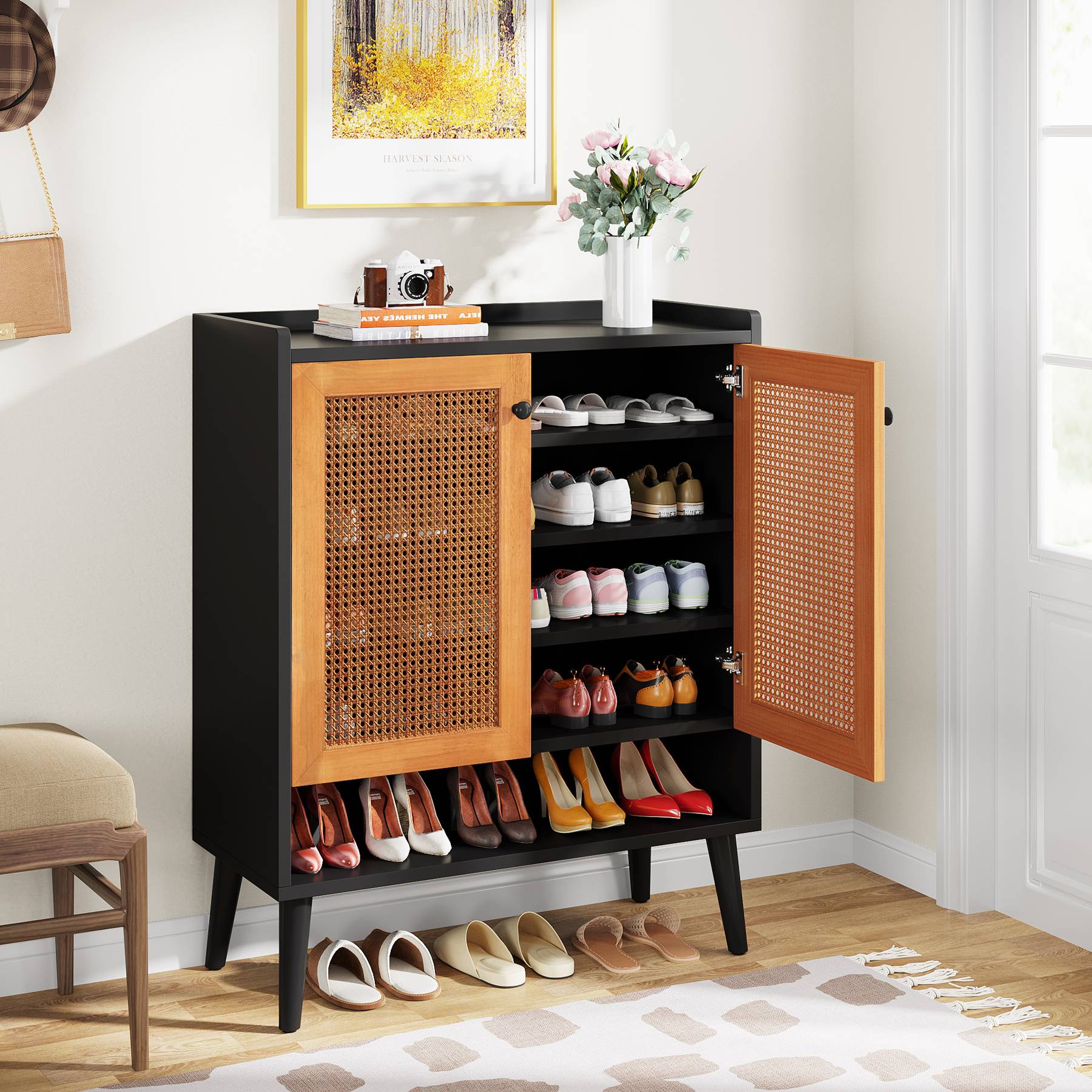 Rattan Shoe Cabinet Shoe Rack Organizer with Removable Shelves