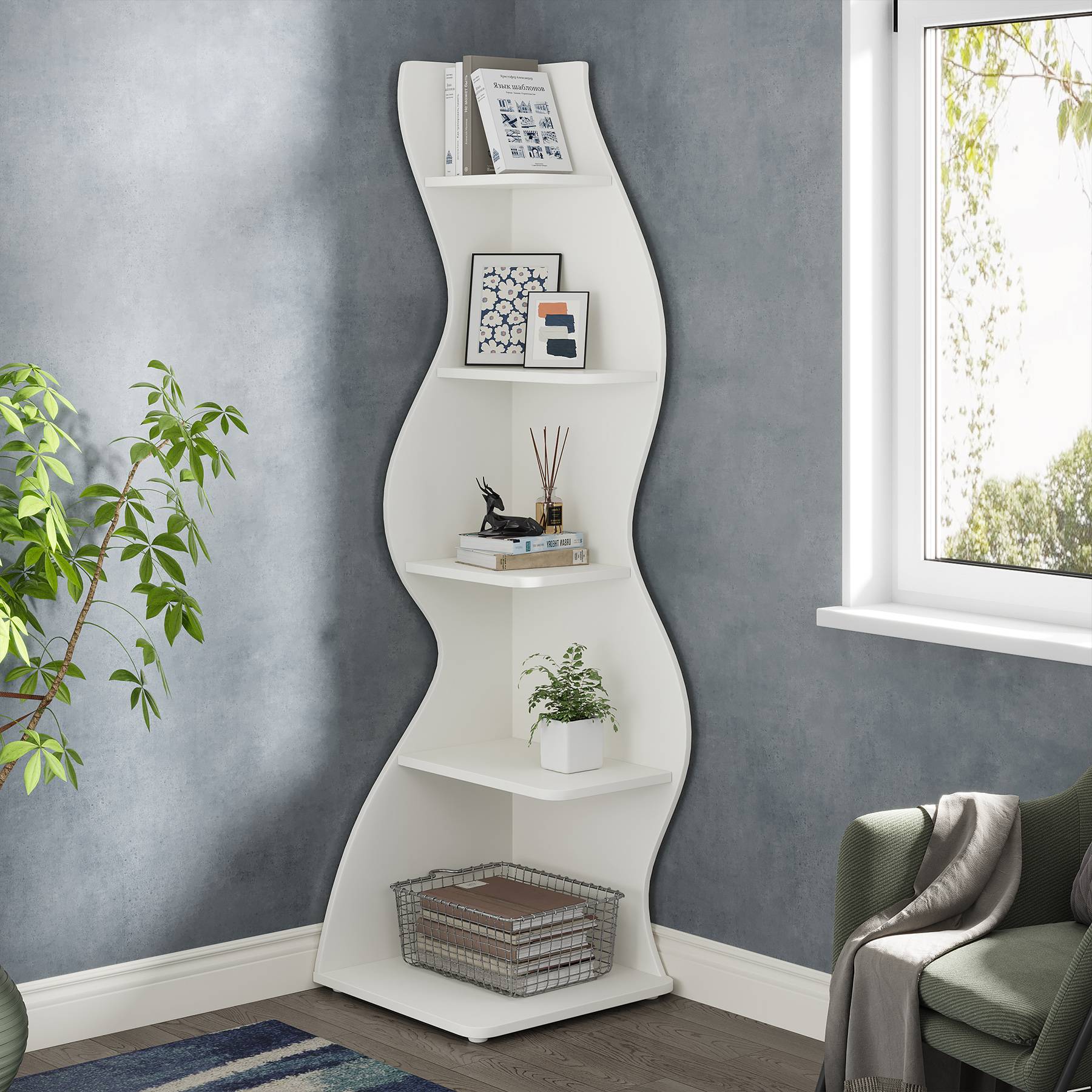 5-Tier Corner Shelf, Modern Wall Corner Bookshelf Bookcase