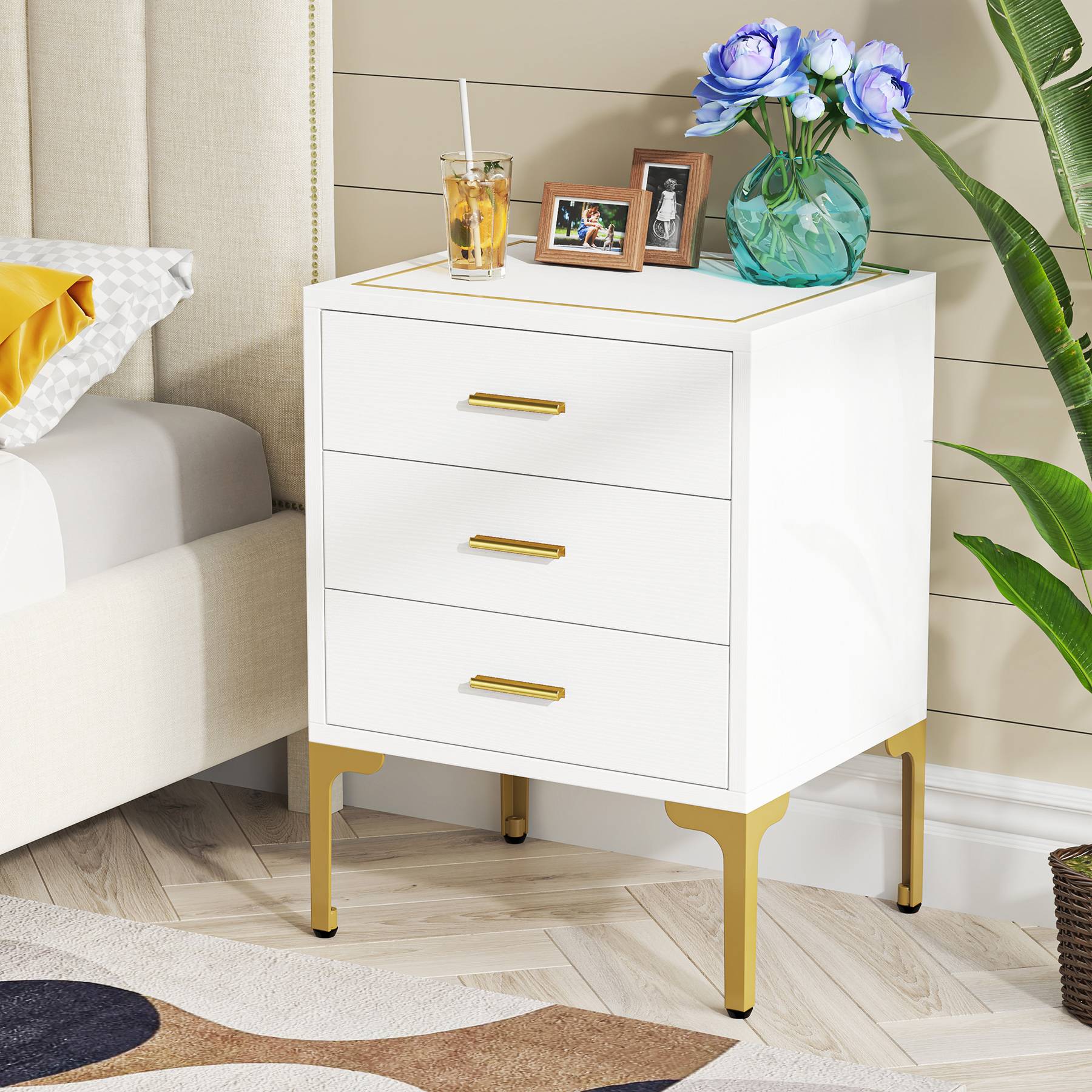 3-Drawer Nightstand, Modern Bedside Table with Square Side Top