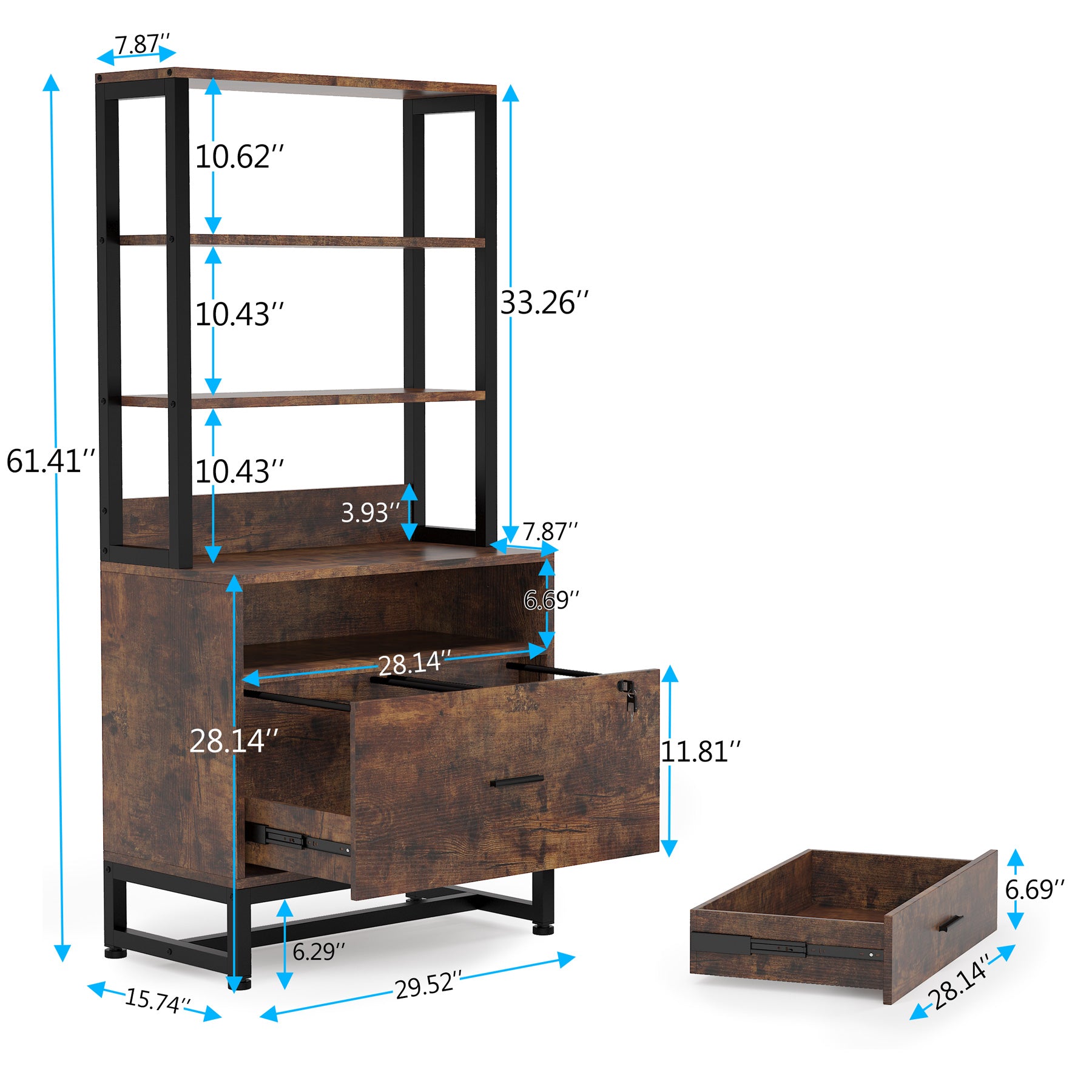 2-Drawer File Cabinet, Vertical Filing Cabinet with Lock & Bookshelf