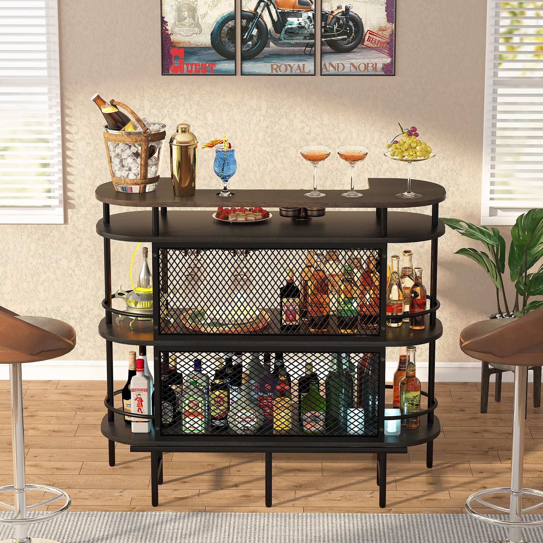 Bar Unit for Liquor, 4-Tier Bar Cabinet with Storage Shelves and Footrest