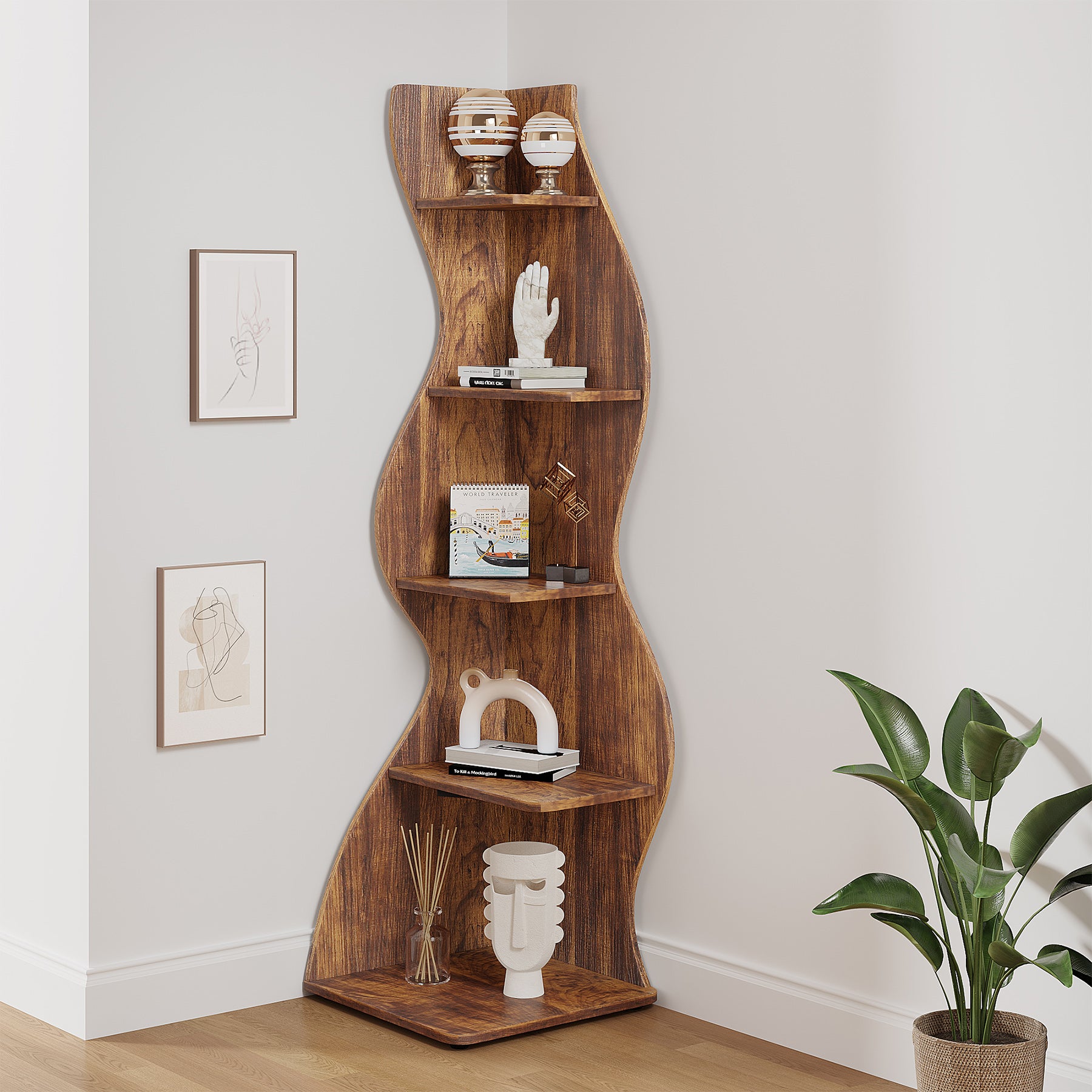 5-Tier Corner Shelf, Modern Wall Corner Bookshelf Bookcase