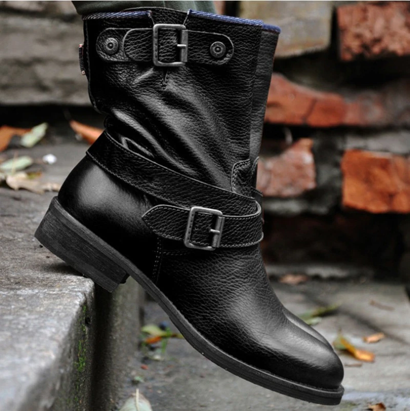 Vintage Pointed Leather Boots With Belt Buckle