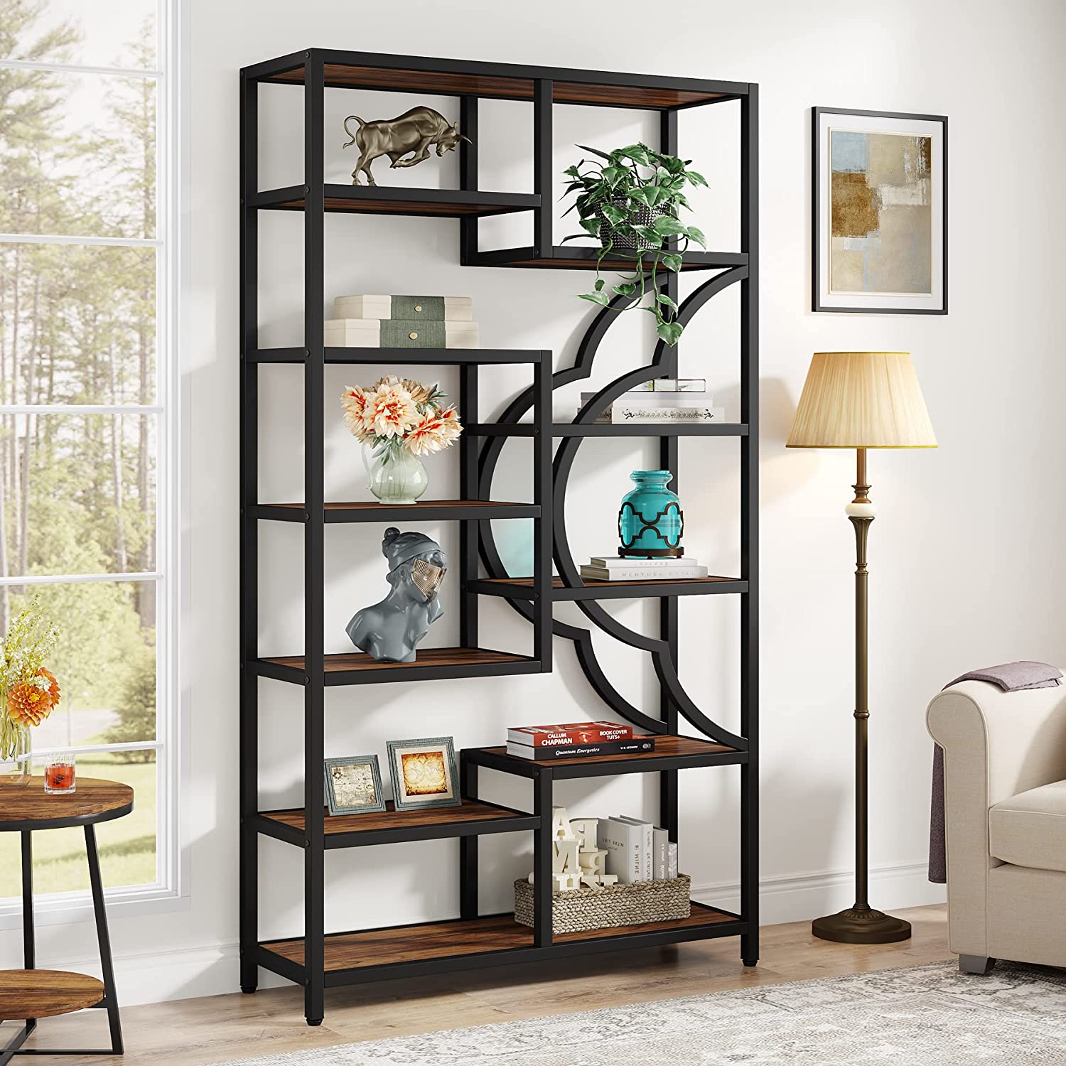 Industrial  Bookshelf, 11-Shelves Staggered Etagere 75” Tall Bookcase