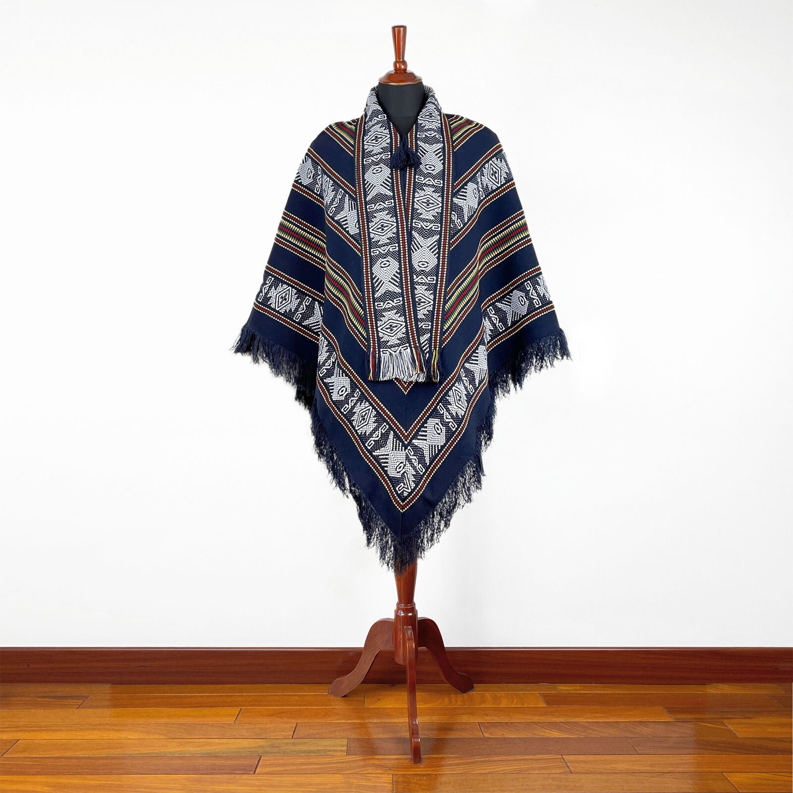 Nangaritza -  Serape Poncho with scarf - Piranha pattern - Navy Blue - Unisex