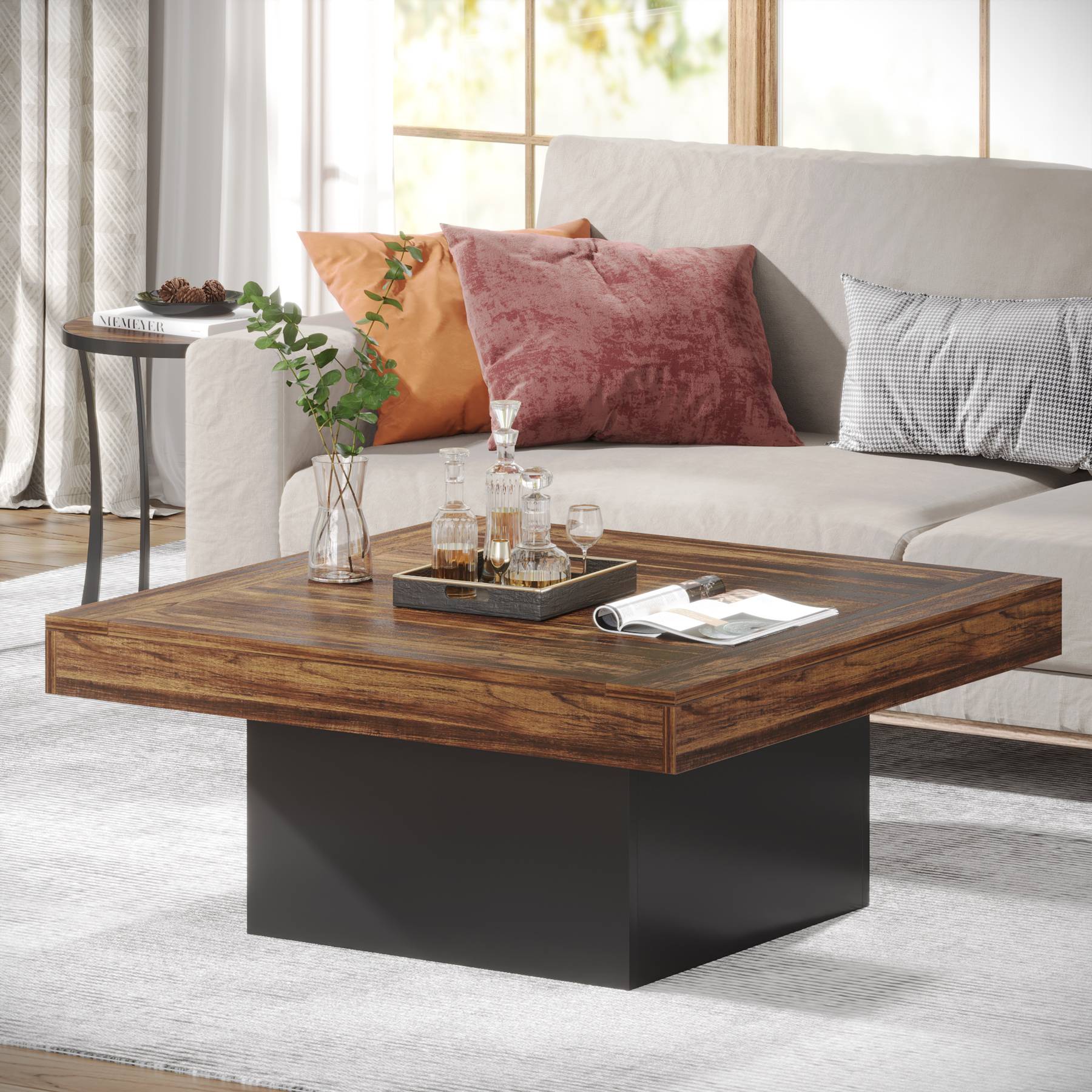 Square Coffee Table, Farmhouse Wood Cocktail Table with LED Light