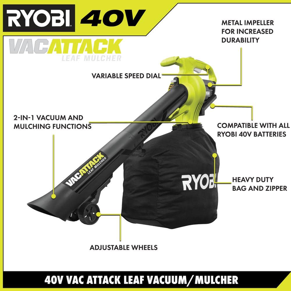 RYOBI 40V Vac Attack Cordless Leaf Vacuum/Mulcher with 5.0 Ah Battery