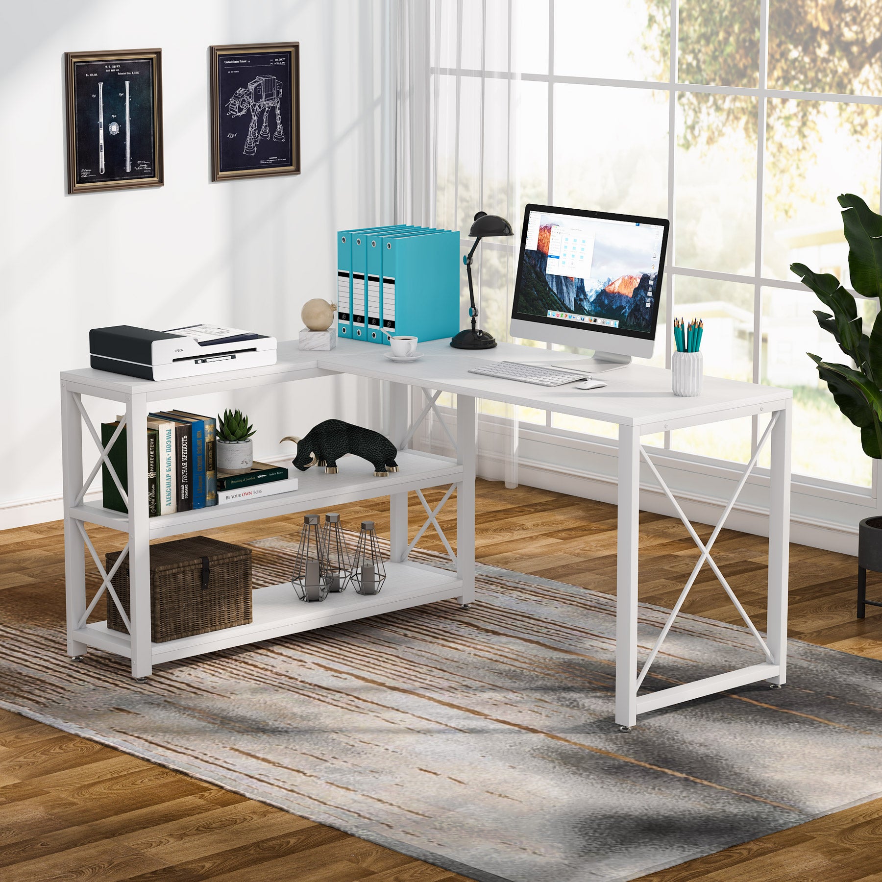 Reversible L-Shaped Desk, Corner Computer Desk with Shelves