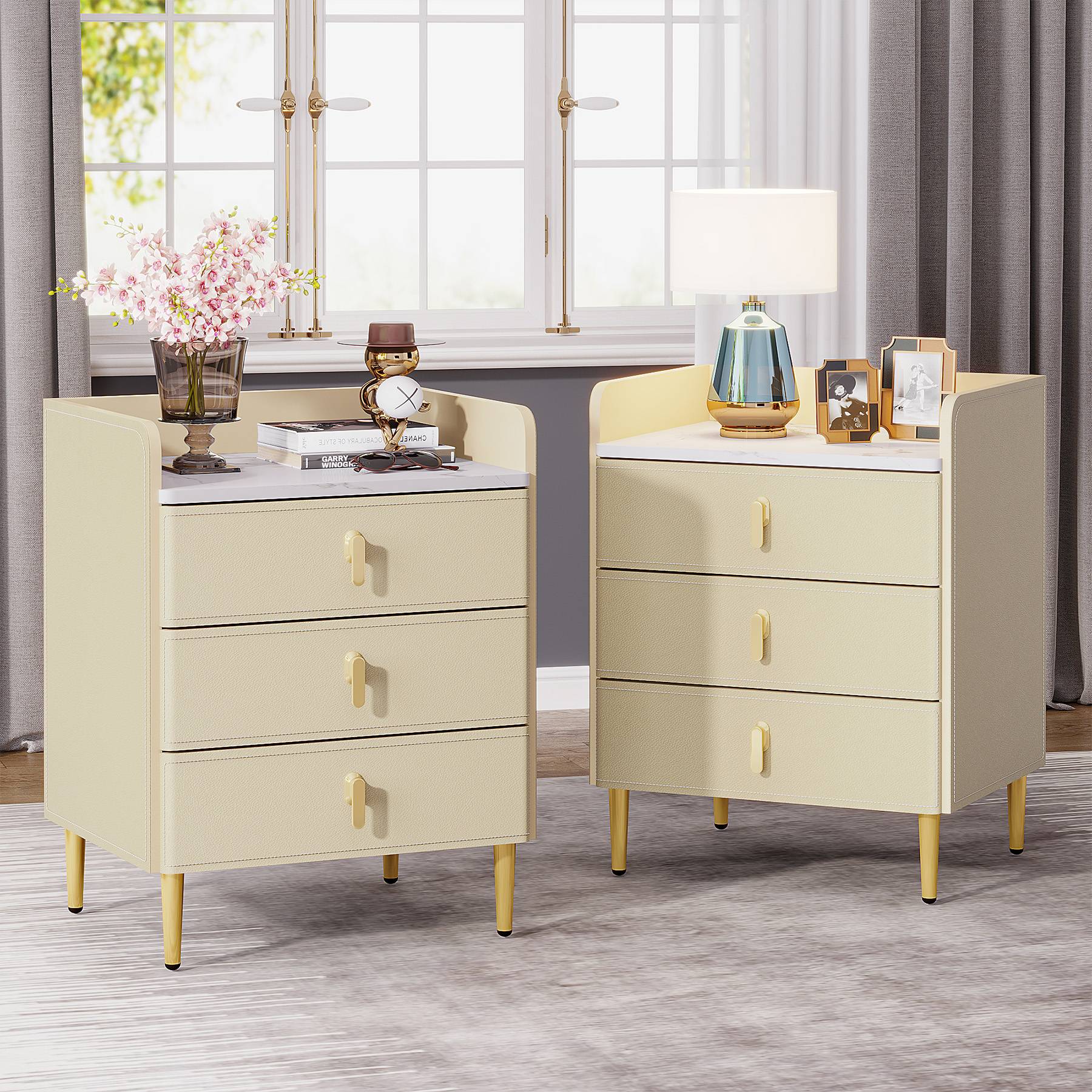 Nightstand with 3 Drawers, Modern Beside Table with Faux Marble Top