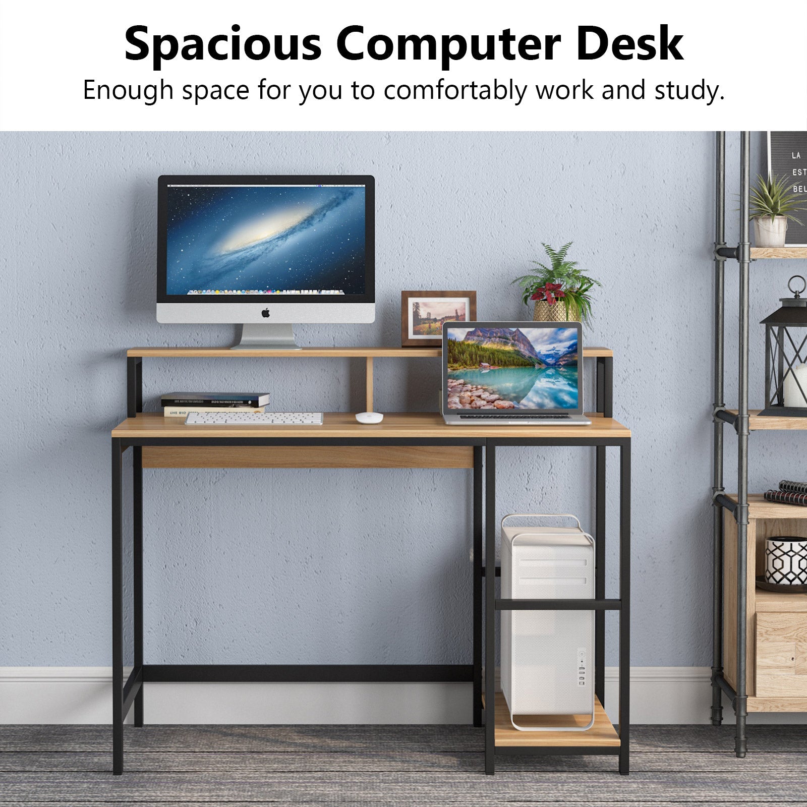 Industrial Computer Desk, Writing Desk with Shelves for Study