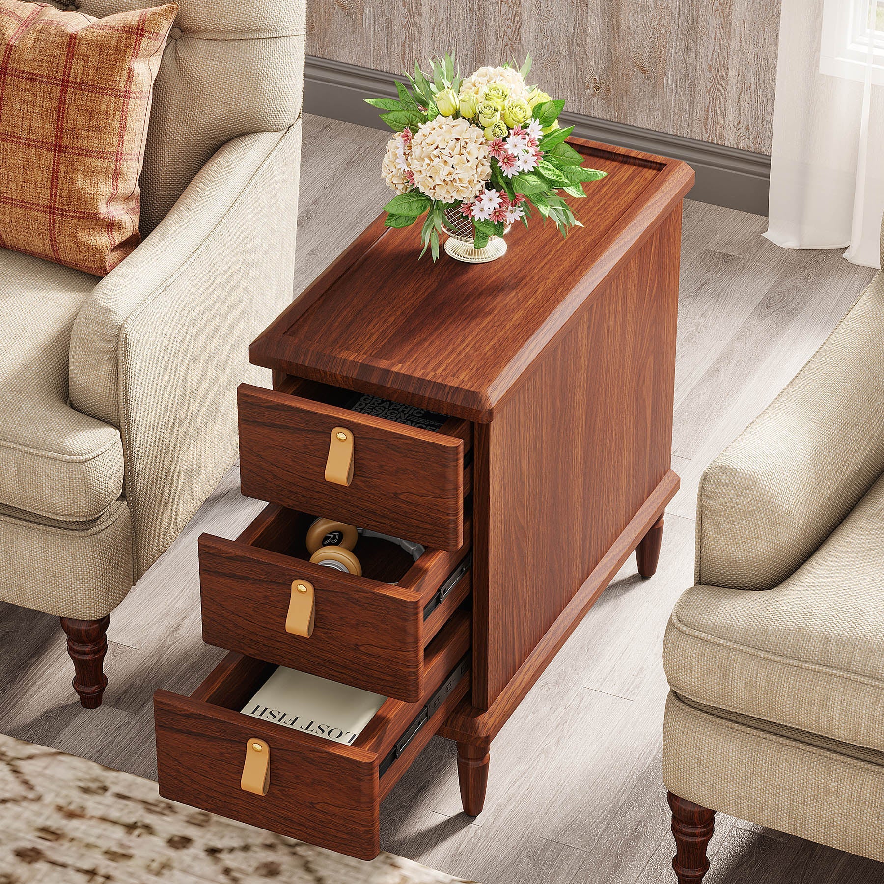 Wood End Table, Classic Nightstand with 3 Wooden Drawers