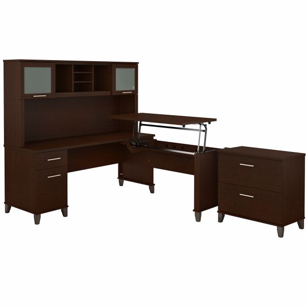 Bush Furniture Somerset 72W 3 Position Sit to Stand L Shaped Desk with Hutch and File Cabinet in Mocha Cherry