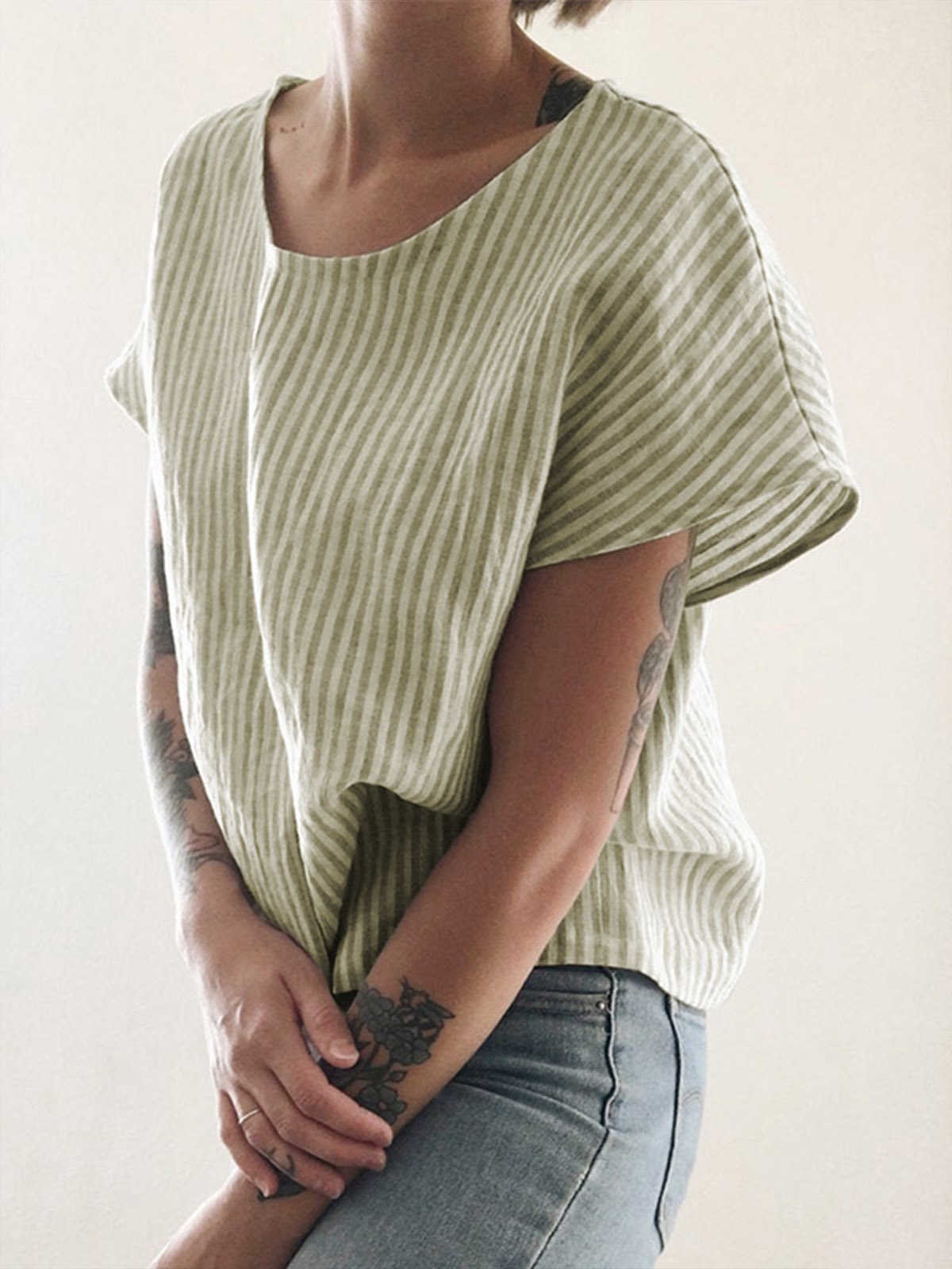 Women's V-Neck Striped Cotton Linen Tee