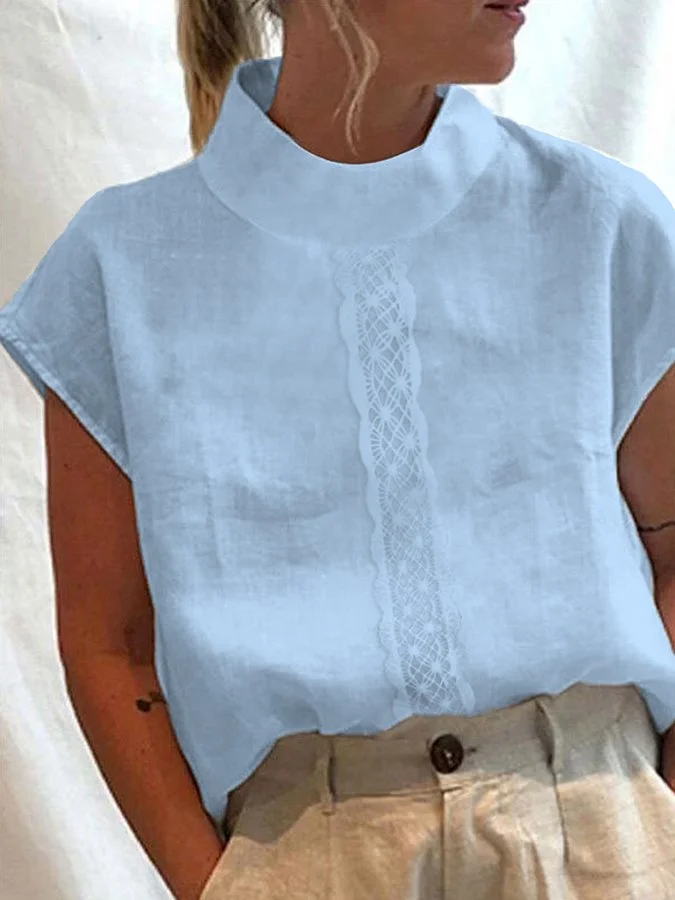 Women's Cotton Linen Lace Turtleneck Shirt