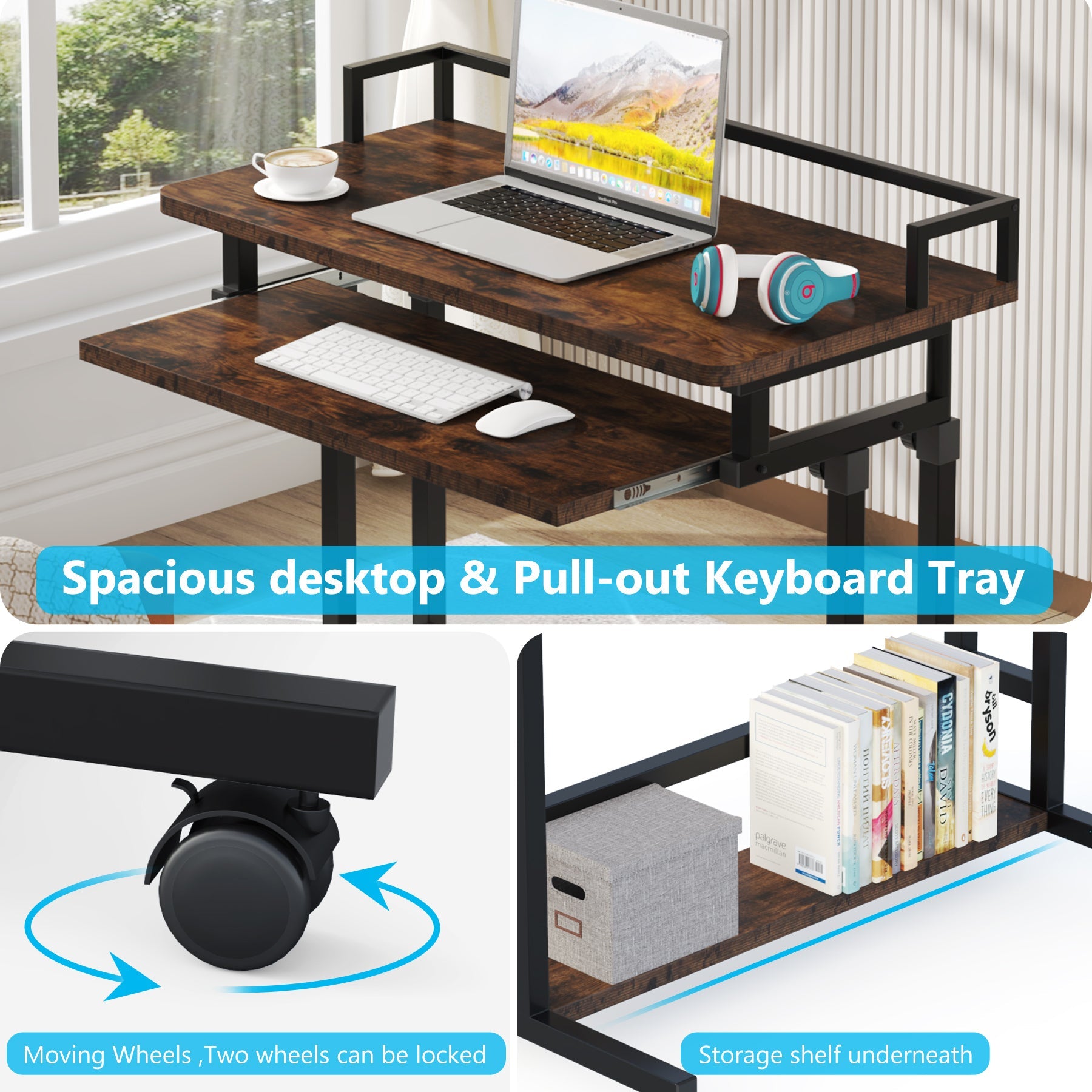 Rolling Height Adjustable Desk, Portable Standing Desk with Keyboard Tray