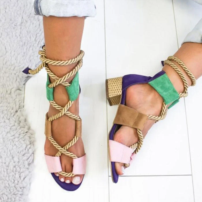 Color Block Chunky Low Heeled Peep Toe Date Travel Sandals