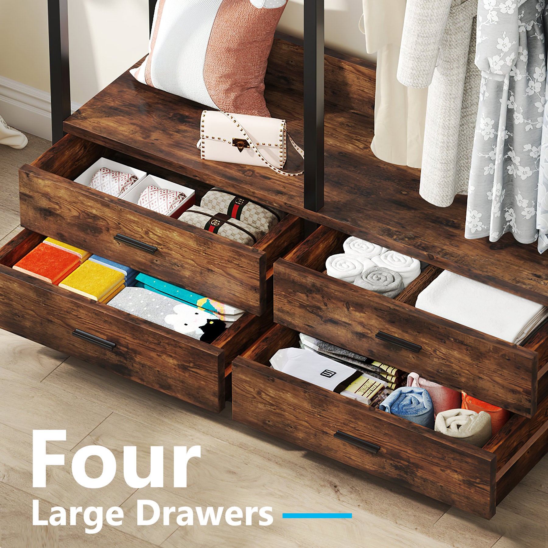 Freestanding Closet Organizer, Garment Rack with Drawers & Shelves