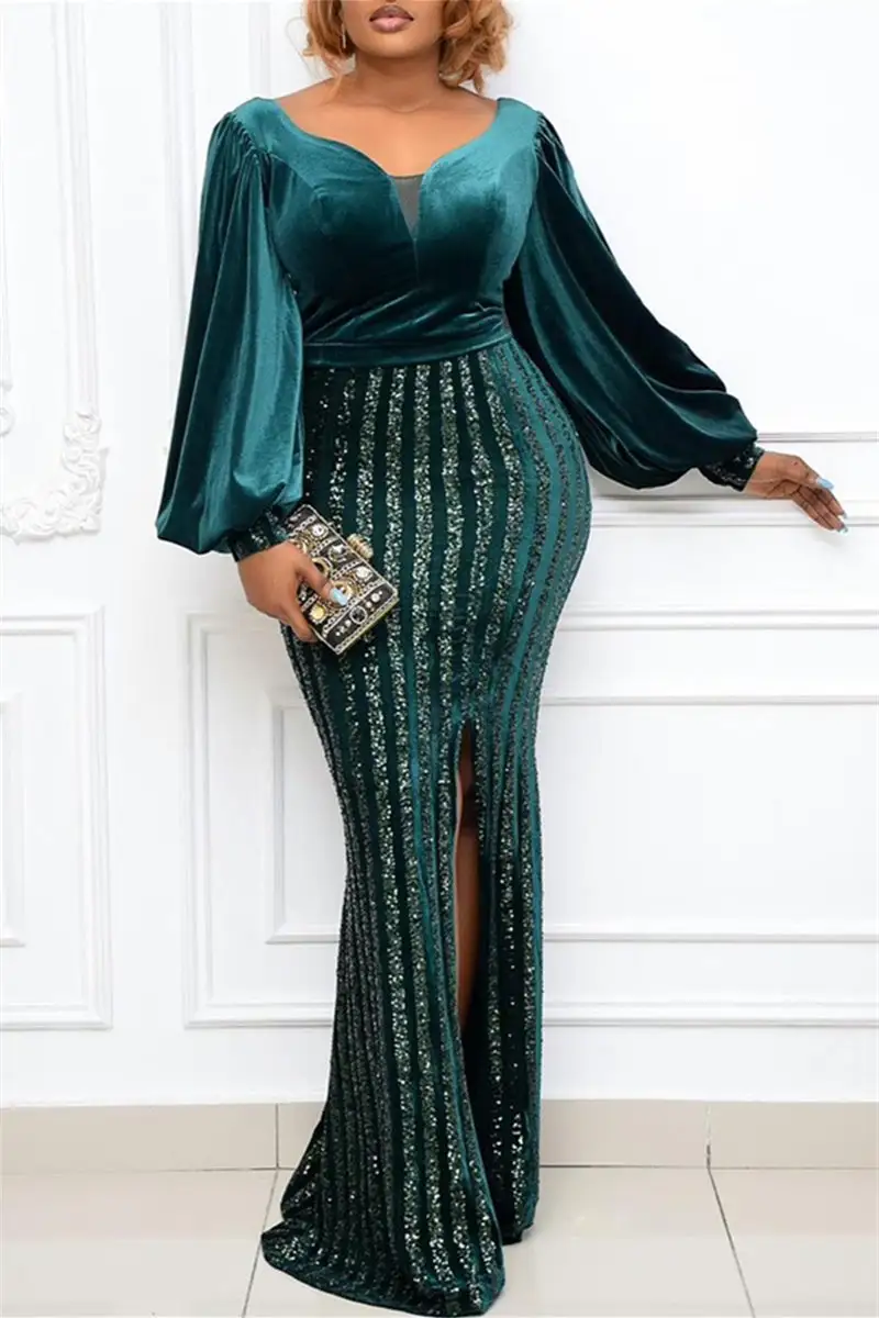 Plus Size Green Velvet Lantern Sleeve Split Joint Maxi Dress