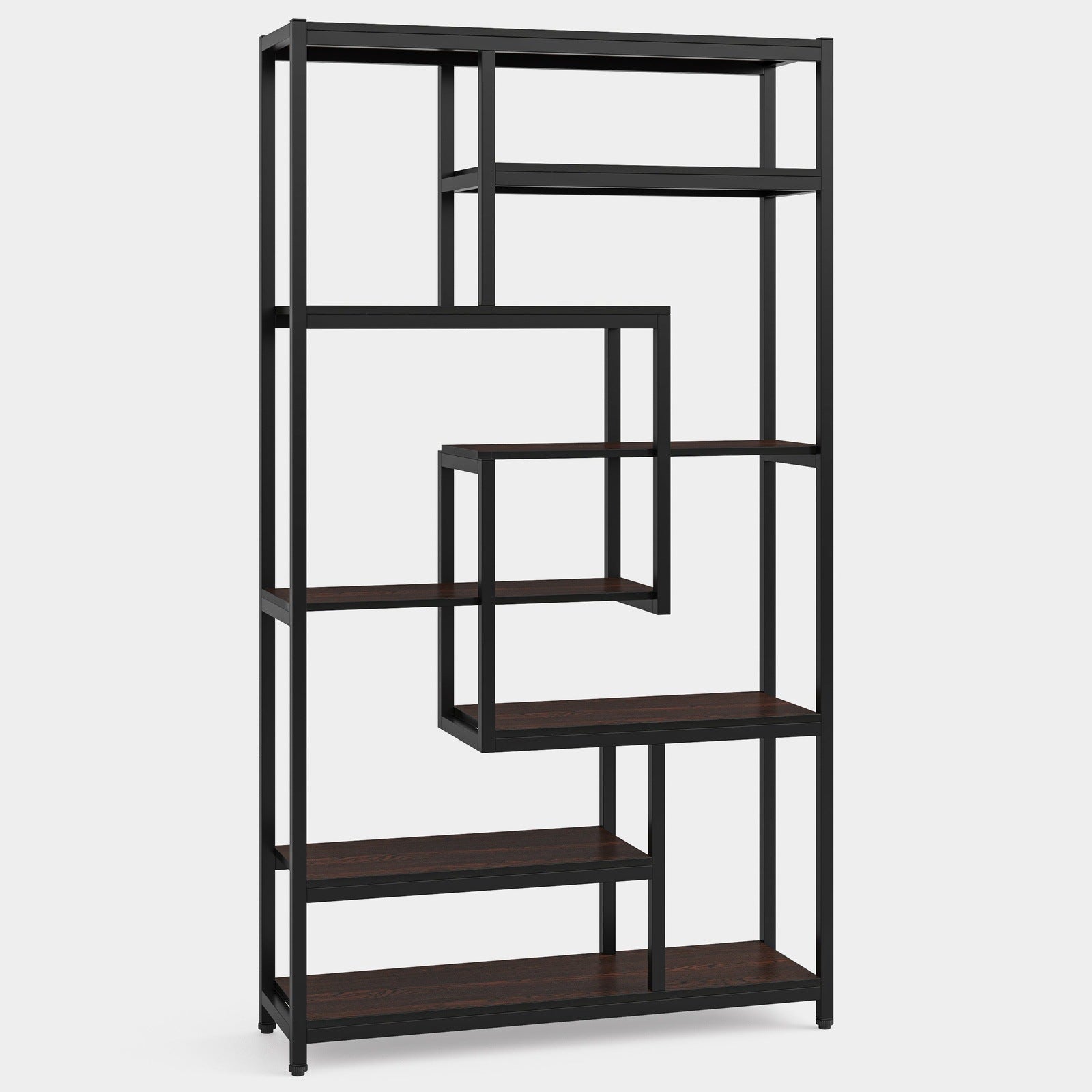 8-Shelf Staggered Bookshelf,  Industrial Etagere Bookcase