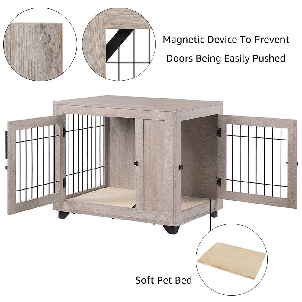 Unipaws Furniture Style Dog Crate， Wooden Wire Pet Kennels with Double Doors， Dog House Indoor Use， Weathered Gray