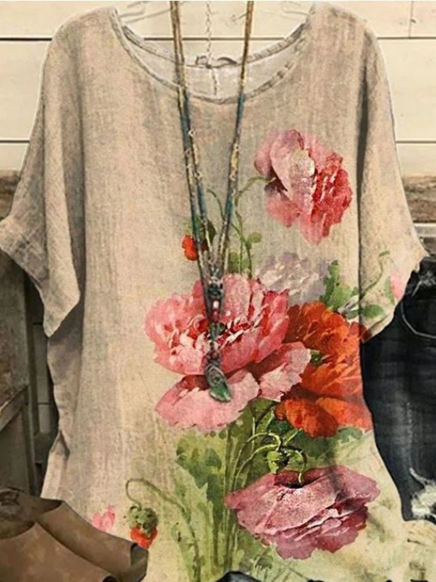 Casual Vintage Floral Print Crew Neck Short Sleeve Blouse