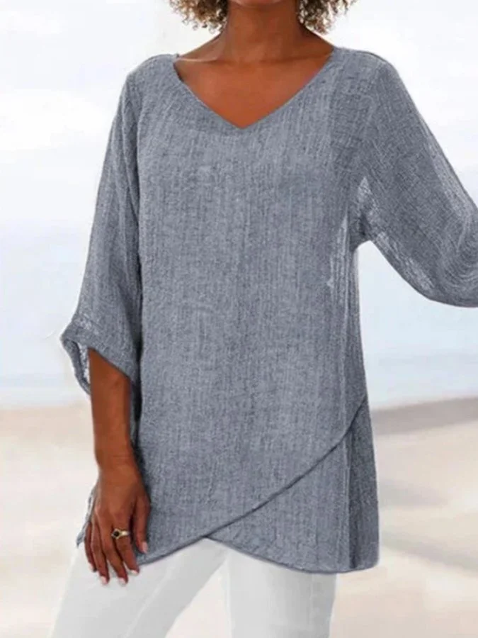 Women's Cotton Linen Fashion Simple Solid Color Irregular Hem V-neck Long Sleeve Top
