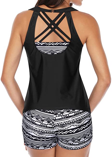 Black And White 3 Piece Swimsuit for Women Tankini Set
