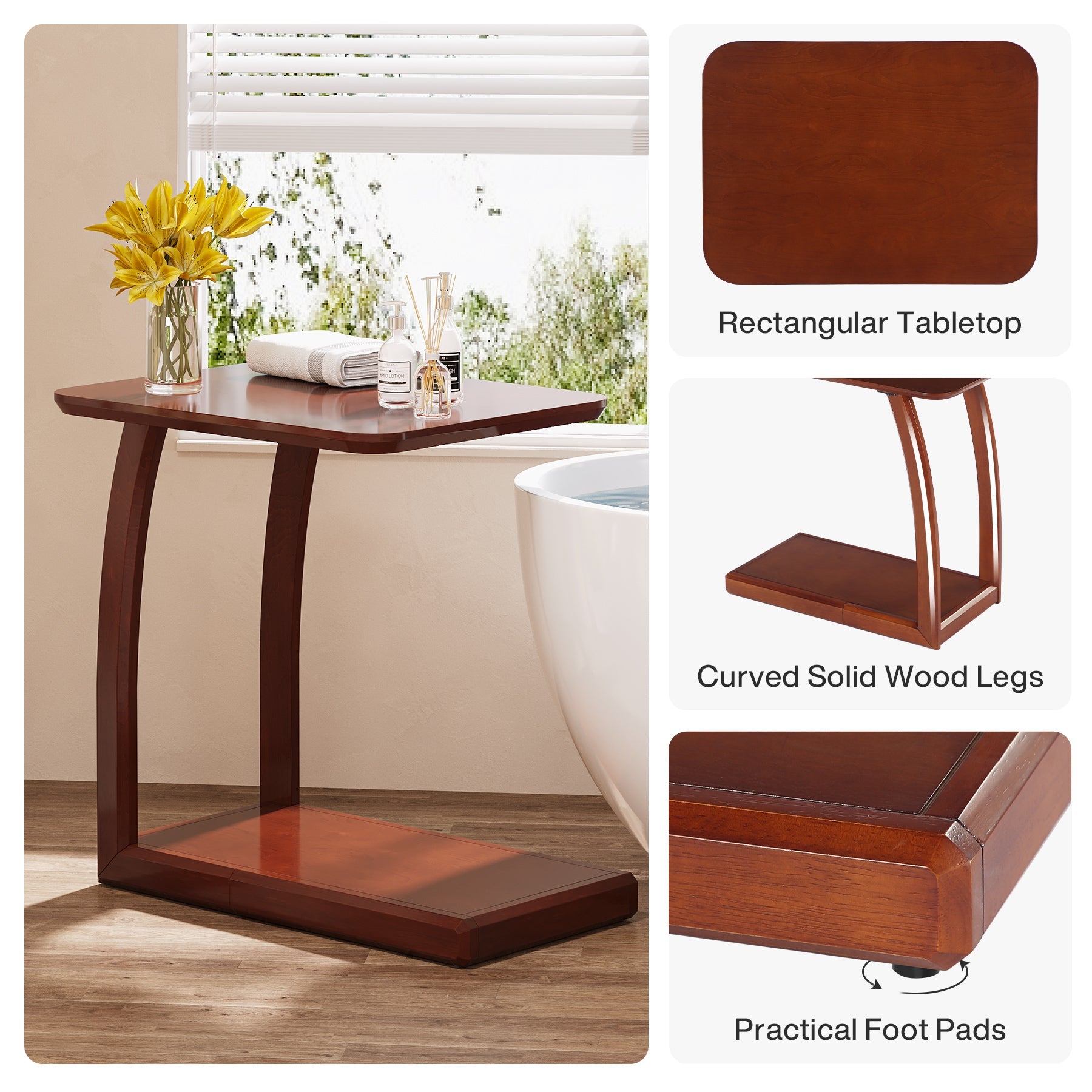 C-Shaped End Table, 2-Tier Rectangular Side Table with Solid Wood