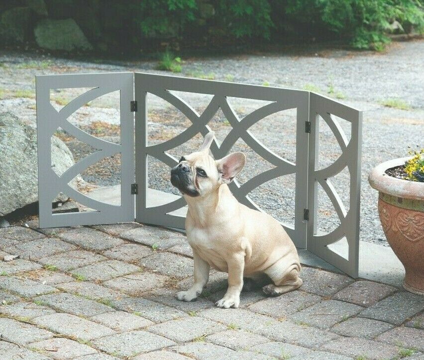 Gray Wood Pet Dog Gate Foldable Adjustable 3-Section Freestanding Extra Wide. Keeps Pets Safe Indoors/Outdoors - Fully Assembled