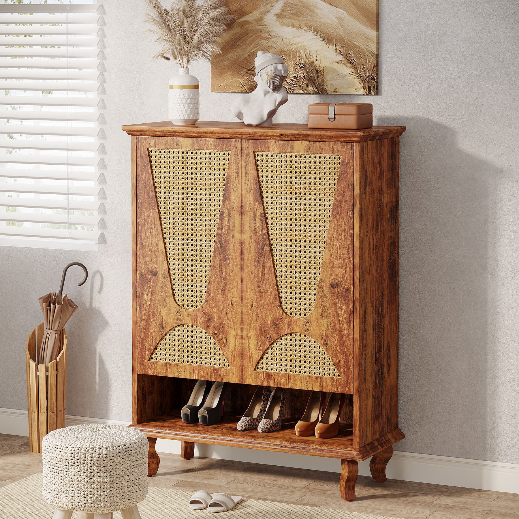 Rattan Shoe Cabinet, 5-Tier Hidden Shoe Rack with Ventilated Doors