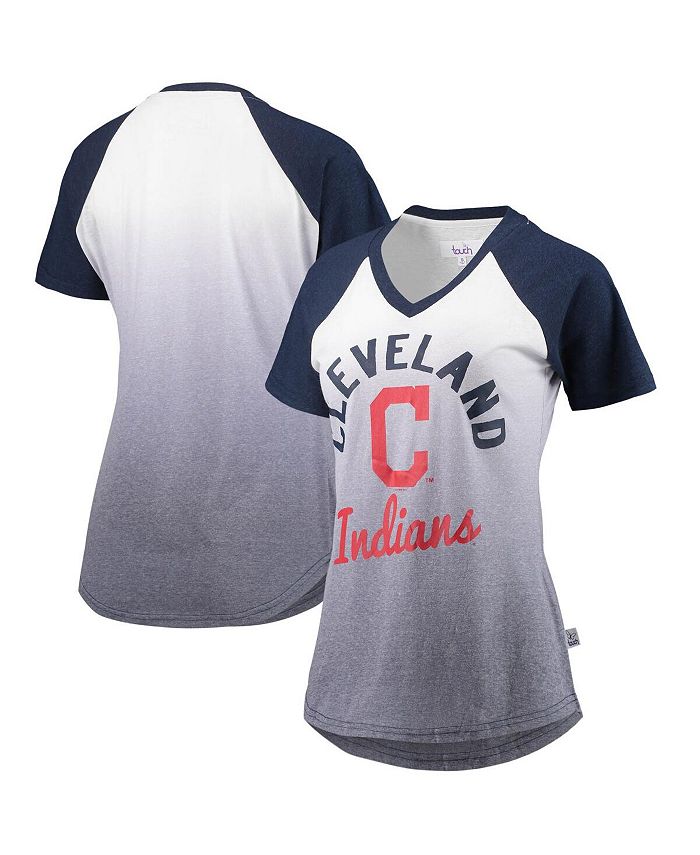 Women's Navy and White Cleveland Indians Shortstop Ombre Raglan V-Neck T-shirt