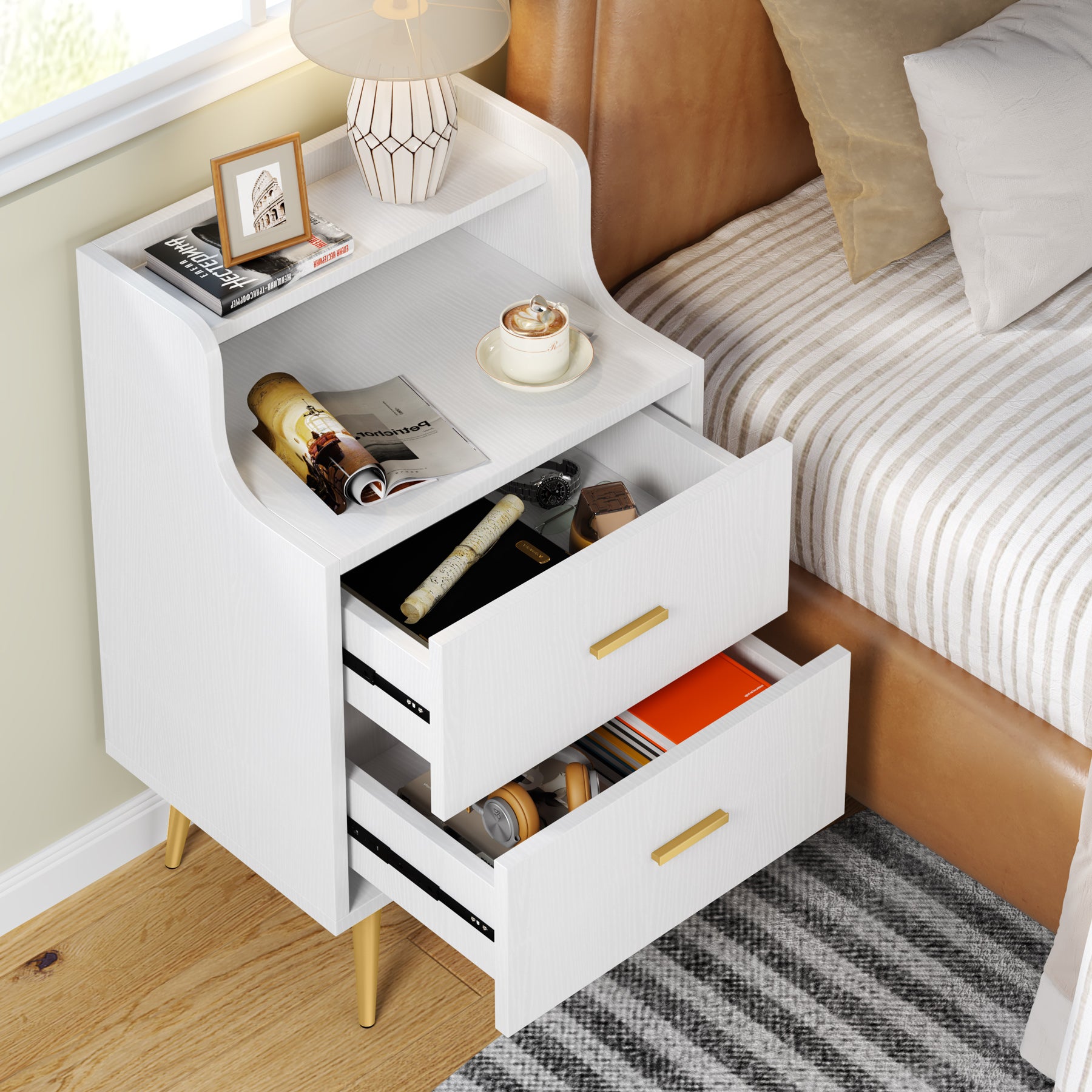 White Nightstand, Modern Bedside Table with 2 Drawers