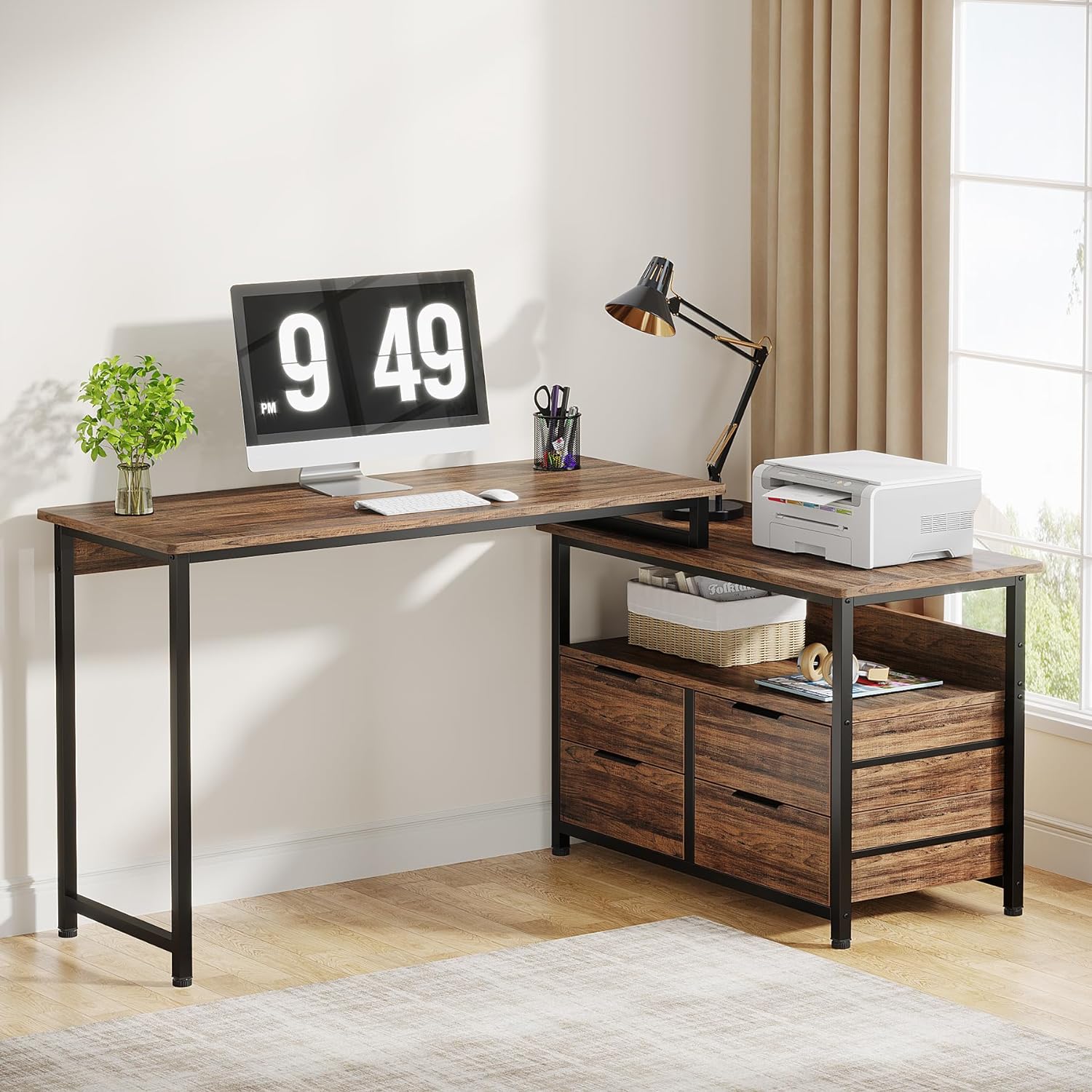 Reversible L-Shaped Desk, Corner Computer Desk with Drawers &  Shelves