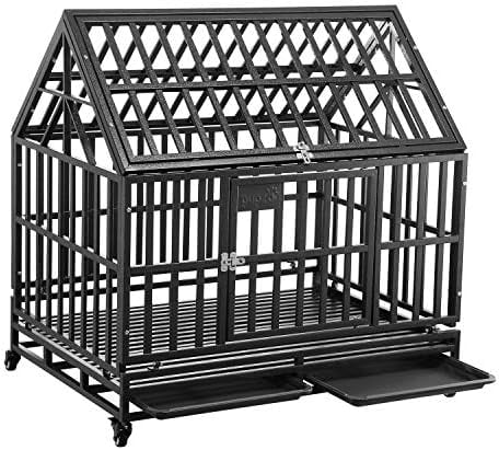 Dog Cage Crate Kennel Heavy Duty Tear Resistant Square Tube With Four Wheels For Large Dogs Easy To Install (42 Inch Roof， Black)