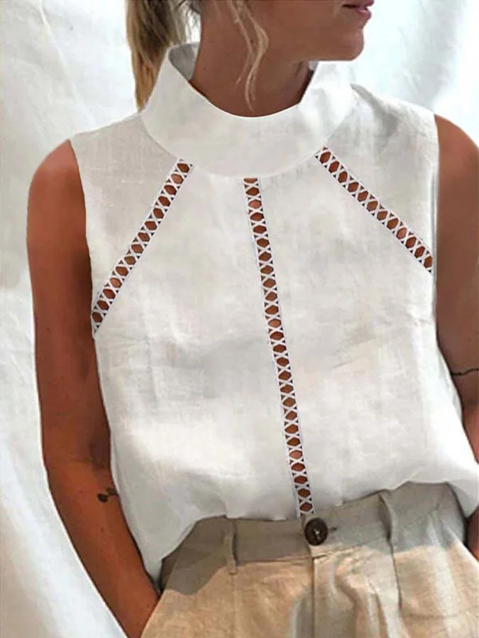 Women's Cotton Linen Lace Sleeveless Shirt