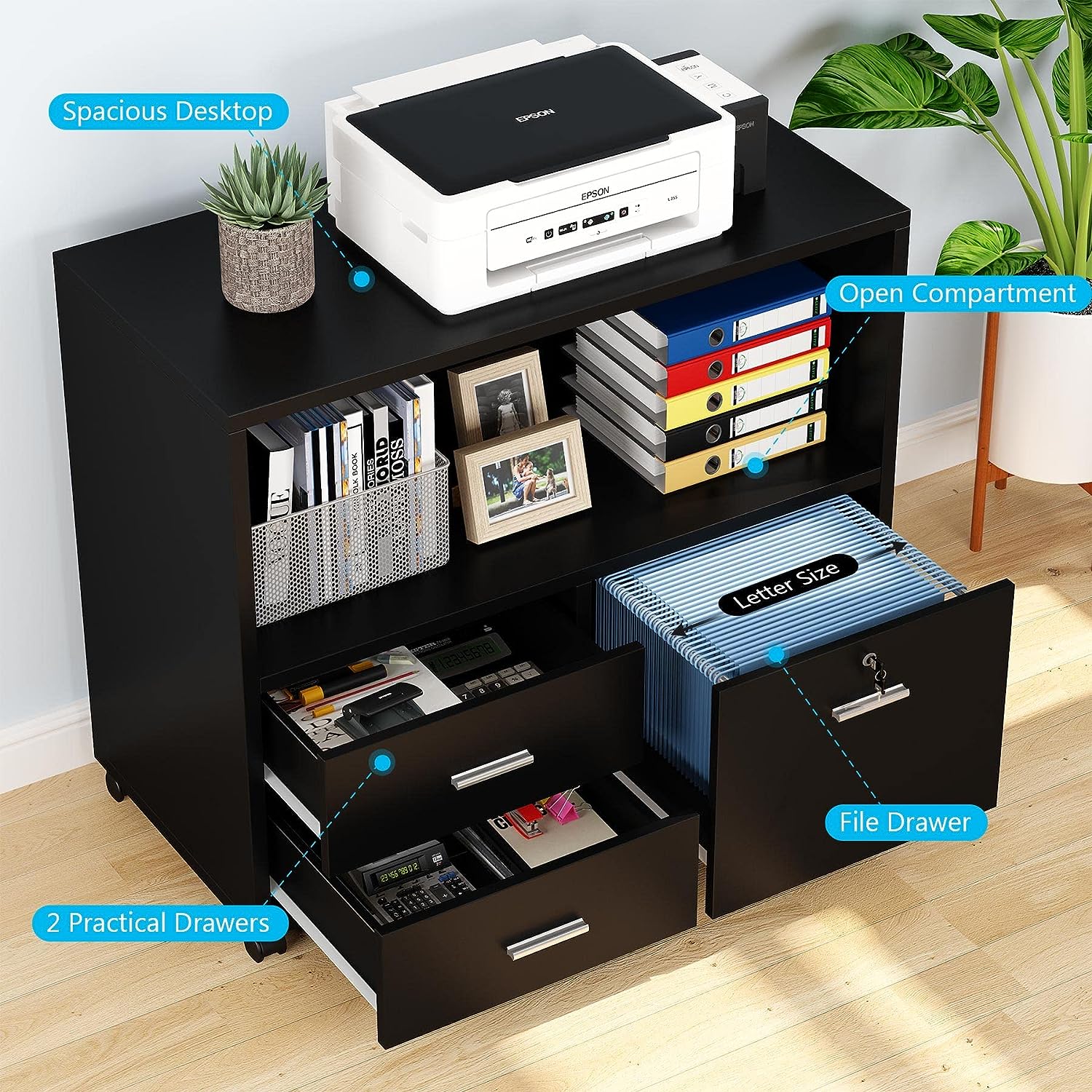 3-Drawer File Cabinet, Mobile Lateral Filing Cabinet with Lock & Open Shelves