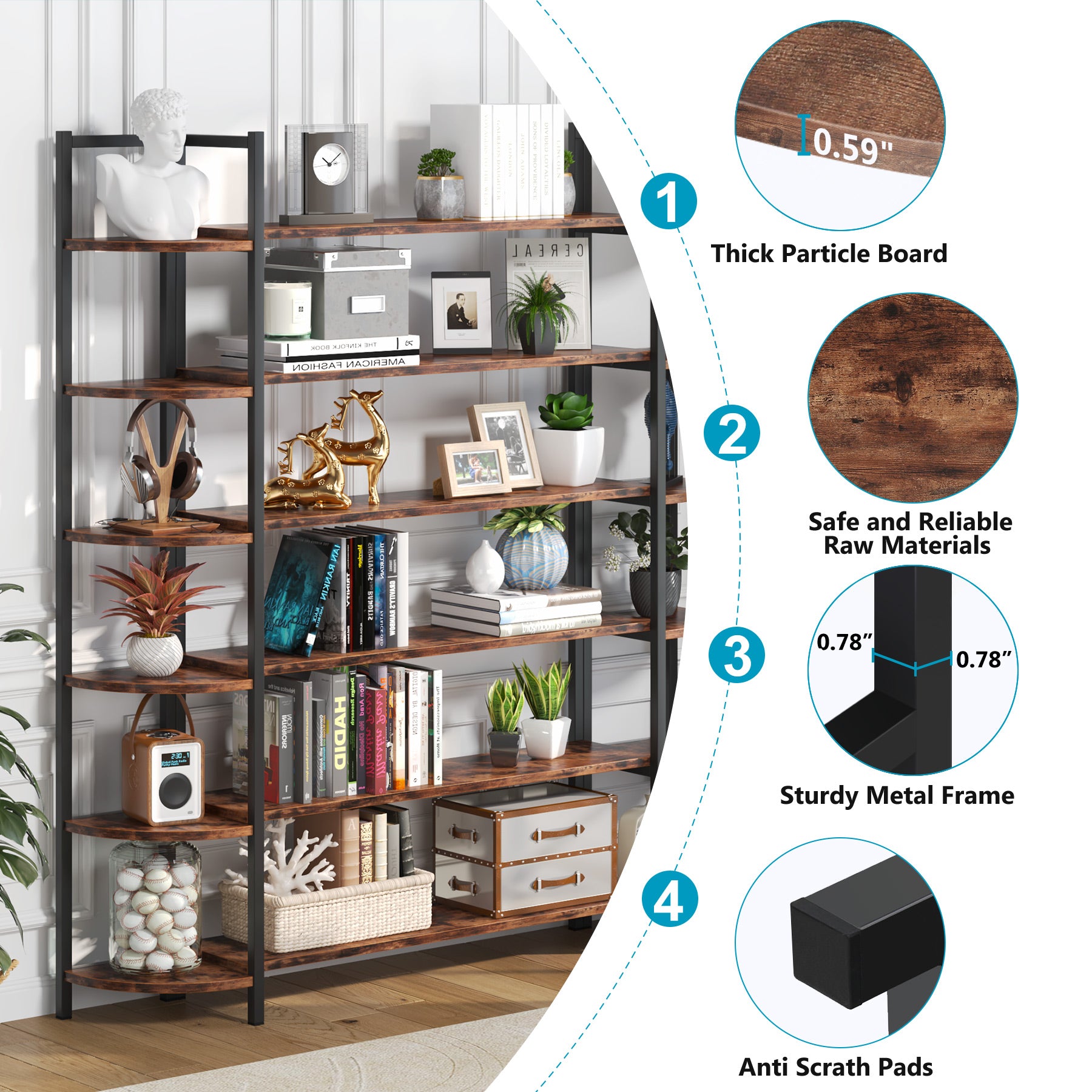 Triple Wide 6-Shelf Bookshelf, 6-Tier Large Etagere Bookcase